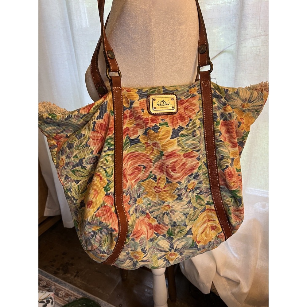 Grandma Core Patricia Nash floral Tote Lg Frayed Bag Floral Canvas w/ Leather
